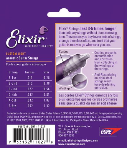 [11027] Elixir 11027-ELIXIR Custom Light 80/20 Bronze Acoustic Guitar Strings with NANOWEB Coating